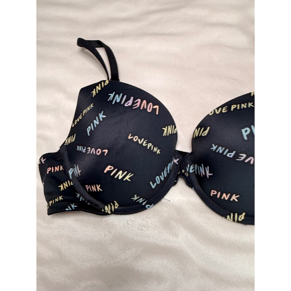 Victoria's Secret PINK Wear Everywhere Push-Up Bra Black Pastel Logo Print 36B - Picture 3 of 7